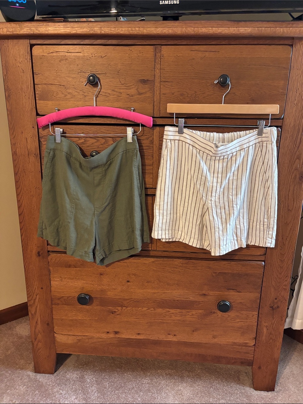 Banana Republic Olive Green & Cream Striped High-Waist Shorts